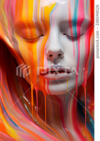 Image of woman with her eyes closed and dripping paint all over her face. Generative AI Image of woman with her eyes closed and dripping paint all over her face. Generative AI 106048026