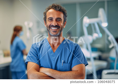 Smiling man in scrubs stands with his arms folded in front of him. Generative AI 106048075