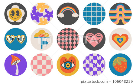 Groovy hippie 70s set. Sticker pack retro style Groovy hippie 70s set. Sticker pack retro style 106048239