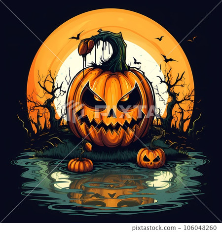 Halloween pumpkin sitting in the water with full moon in the background. Generative AI 106048260