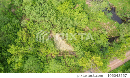 Small pond next to forest river crosing riparian tree stand Small pond next to forest river crosing riparian tree stand 106048267