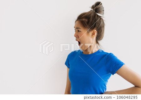 Shocked funny face of woman feeling unbelievable isolated on white. Shocked funny face of woman feeling unbelievable isolated on white. 106048295