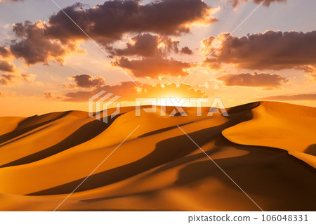 Sunset over the sand dunes in the desert. Arid landscape of the desert. 106048331