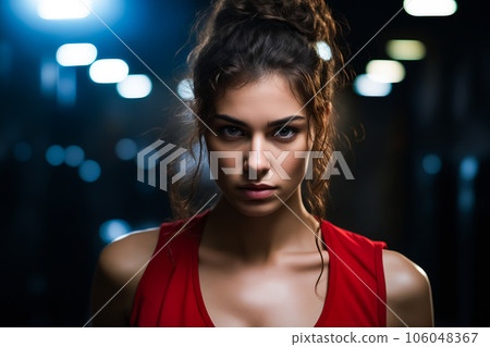 Woman in red top is staring at the camera with serious look on her face. Generative AI 106048367