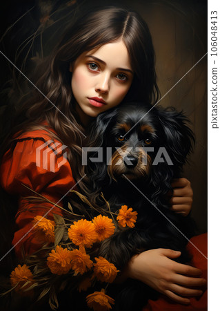 Image of woman holding dog with flowers in her lap. Generative AI 106048413