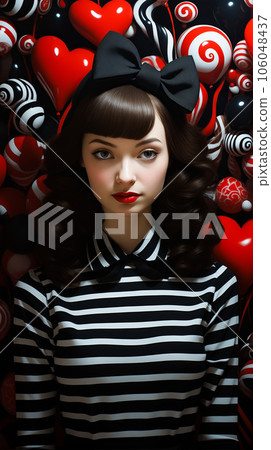 Woman with hat on her head and bunch of balloons behind her. Generative AI Woman with hat on her head and bunch of balloons behind her. Generative AI 106048437