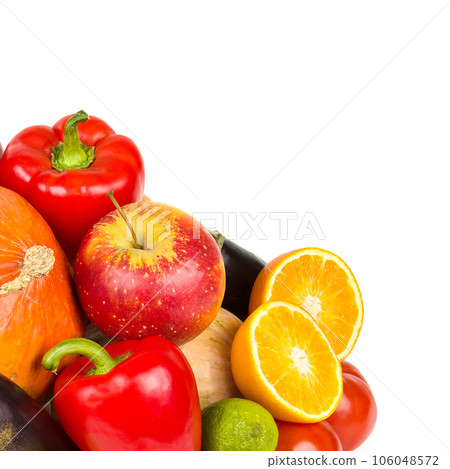 Warious vegetables and fruits isolated on white . Free space for text. Warious vegetables and fruits isolated on white . Free space for text. 106048572