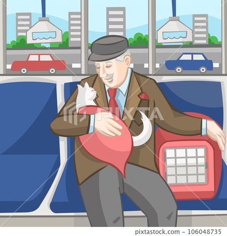 Old man with white cat in red blanket and pet carrier sitting in public transport bus with road, city and cars on a background Old man with white cat in red blanket and pet carrier sitting in public transport bus with road, city and cars on a background 106048735