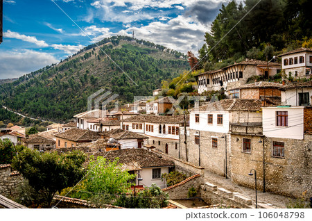 Historical Ottoman Houses in Berat, Albania. Beautiful scenic view. Cityscape Historical Ottoman Houses in Berat, Albania. Beautiful scenic view. Cityscape 106048798