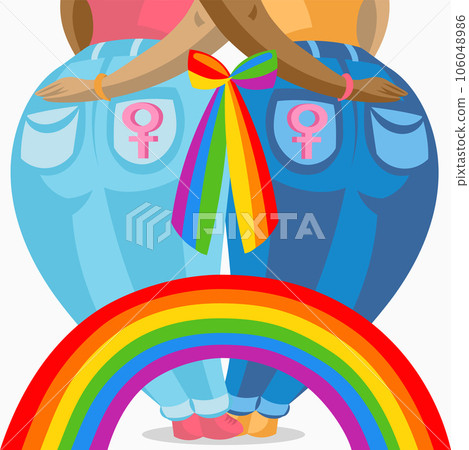 Two dark skin lesbian women in jeans holding each other, connected with rainbow 106048986