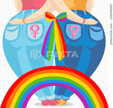 Two white skin lesbian women in jeans holding each other, connected with rainbow Two white skin lesbian women in jeans holding each other, connected with rainbow 106048987