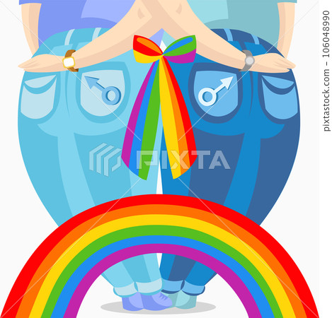 Two white skin gay men in jeans holding each other, connected with rainbow Two white skin gay men in jeans holding each other, connected with rainbow 106048990