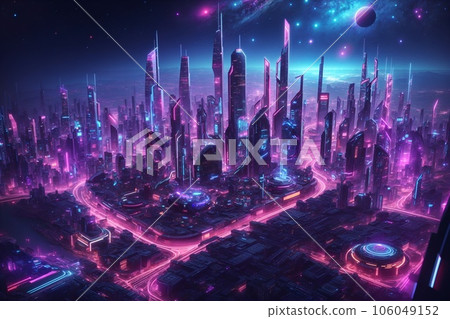 neon lights and signs in a futuristic cyberpunk city. futuristic structures in a cyberpunk city 106049152