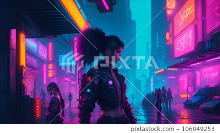 Cyberpunk city with a woman Cyberpunk city with a woman 106049253
