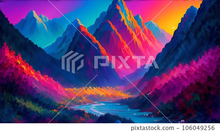 Mountainous neon abstract background. wonderful terrain and landscape Mountainous neon abstract background. wonderful terrain and landscape 106049256
