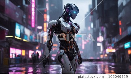 3D illustration of science fiction female humanoid cyborg lost in futuristic neon lit cyberpunk city. Artificial intelligence concept. 106049329