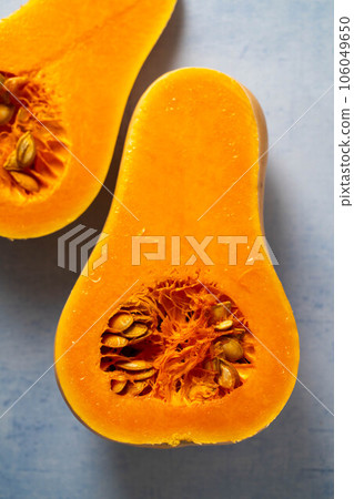 Butternut squash pumpkin and seeds on blue background Butternut squash pumpkin and seeds on blue background 106049650
