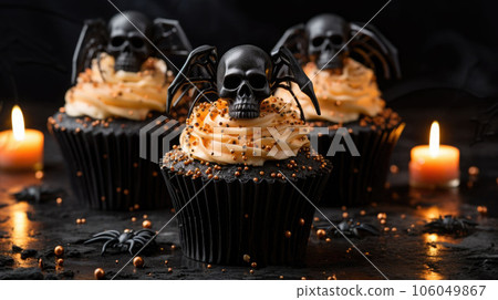 Festive Halloween cupcakes and treats decorated with sprinkles and candy. AI generated 106049867