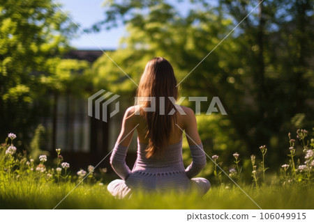 Girl from the back doing yoga in the spring garden. Grass and flower surrounding. AI generated 106049915