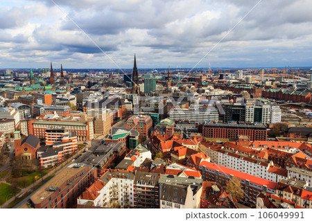 Aerial view of Hamburg city center, Germany. View from bell tower of St. Michael's Church 106049991