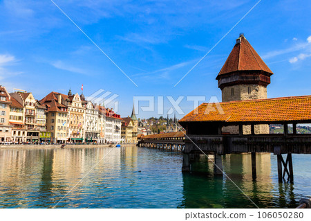 Chapel bridge spanning the river Reuss in the city of Lucerne, Switzerland Chapel bridge spanning the river Reuss in the city of Lucerne, Switzerland 106050280