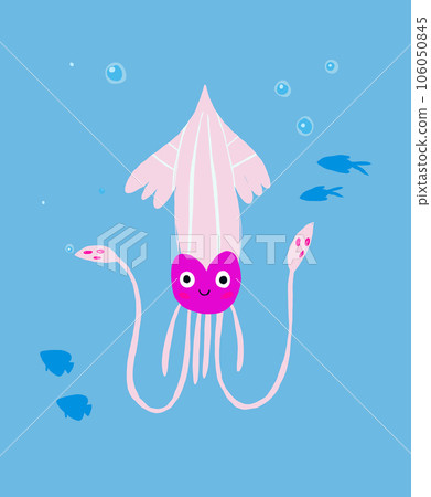 Cute children illustration of the octopus underwater, cute squid character with little fish around. Childrens poster with underwater world. Vector illustration Cute children illustration of the octopus underwater, cute squid character with little fish around. Childrens poster with underwater world. Vector illustration 106050845