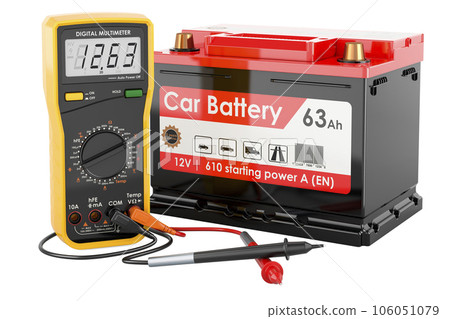 Digital multimeter and car battery, 3D rendering 106051079