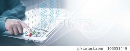 Businessman hand touch with Code html and programming on screen laptop,Programmer development Computer code,web design  coding technology in software, digital software technology development, IoT 106051449