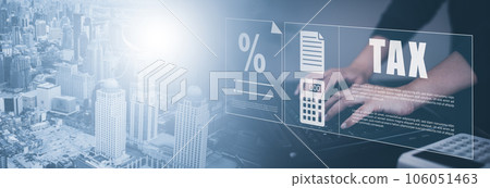 Business people Hand using tablet with bar  TAX REFUND and refund tax of duty taxation business, graphs and chart being demonstrated on the screen media,  tablet pc and selecting tax refund. 106051463