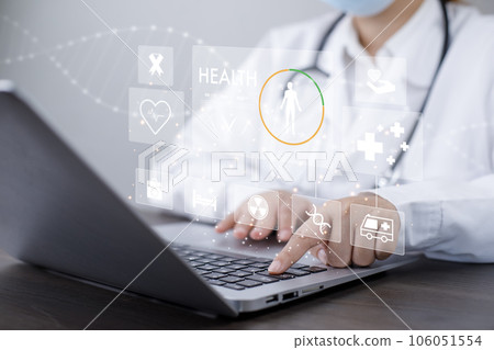 Medical doctor and medical technology and futuristic concept, Doctor using laptop and health medical network connection icon on virtual screen interface, Modern medical technology and innovation. 106051554