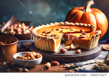 Festive homemade appetizing ripe pumpkin pie, pumpkin tart. Traditional fall baking, Thanksgiving 106051627
