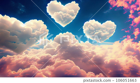 Pink fluffy soft clouds of heart form. Beautiful cloudy sky. Dream cloud of heaven. Nature background or backdrop. Pink fluffy soft clouds of heart form. Beautiful cloudy sky. Dream cloud of heaven. Nature background or backdrop. 106051663