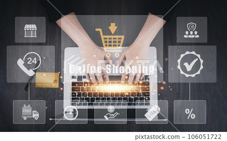 Businessman using a laptop with online shopping concept, marketplace website with virtual interface of online Shopping cart part of the network, Online shopping business with selecting shopping cart. 106051722