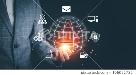 notification error and maintenance with triangle caution warning sign for notification error, Programmer using laptop with triangle caution warning sign, hacker attacks , cyber crime, cyber security 106051725