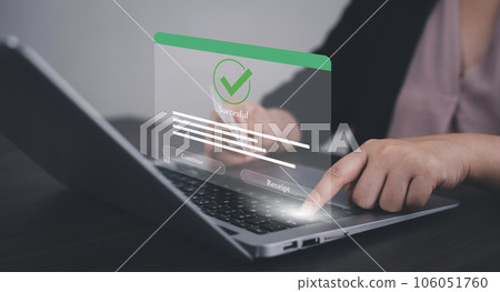 Online payment with digital marketing, Smartphone with banking online bill payment Approved concept button, credit card and network connection icon on business technology virtual screen background 106051760