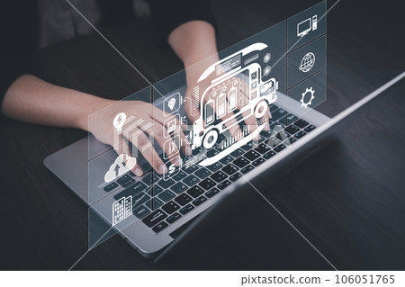 Industrial Technology Concept, Engineer working on a laptop with monitoring system software and industrial network connection icon on AI, artificial intelligence, monitoring system in a smart factory 106051765