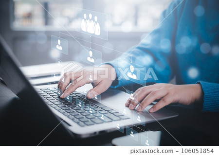 Customer Relationship Management ,Businessman using laptop with human global structure , Data exchanges development. customer service, social media, digital marketing online,Social Internet network,HR 106051854