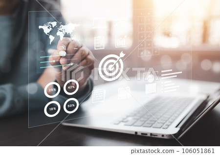 Working Data Analytics and Data Management Systems and Metrics connected to corporate strategy database for Finance, Intelligence,  Business Analytics with Key Performance Indicators, social network 106051861