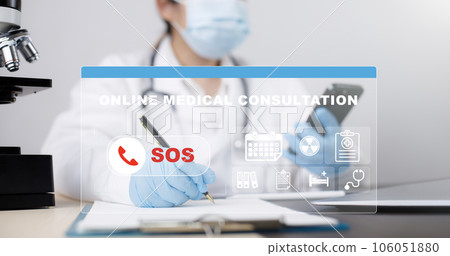 Smart phone with SOS online medical consultation concept, Doctors specialize in telephone assistance for consulting contact, medical secret, emergency online medical, appointment by email or phone 106051880