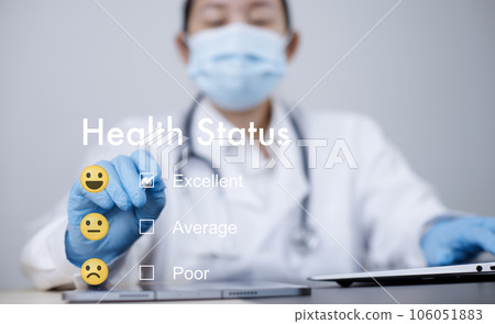 The Woman Doctor uses a pen checkbox for Health status excellence in the Health Status evaluation form, Hospital documents. Medical insurance forms, Doctor paperwork, Health Status concept 106051883