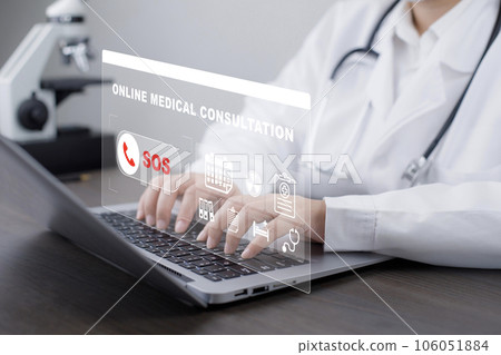 Laptop with SOS online medical consultation concept, Doctors specialize in telephone assistance for consulting contact, medical secret, emergency online medical, appointment by email or phone Laptop with SOS online medical consultation concept, Doctors specialize in telephone assistance for consulting contact, medical secret, emergency online medical, appointment by email or phone 106051884