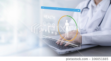 Medical doctor and medical technology and futuristic concept, Doctor using laptop and health medical network connection icon on virtual screen interface, Modern medical technology and innovation. 106051885