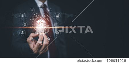 Businessman holding glowing light bulb with shows light bulb with bank icons outline,finance and banking digital, Finance and banking networks, Digital marketing, cyber security, Business technology. Businessman holding glowing light bulb with shows light bulb with bank icons outline,finance and banking digital, Finance and banking networks, Digital marketing, cyber security, Business technology. 106051916