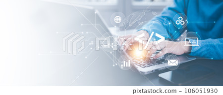 Businessman hand touch with Code html and programming on screen laptop,Programmer development Computer code,web design  coding technology in software, digital software technology development, IoT 106051930