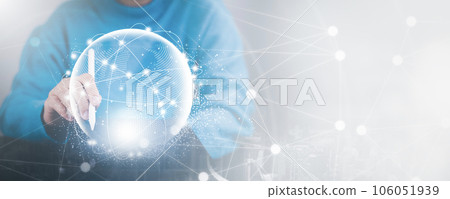 Social Internet network technology, digital software development, future tech background, IoT concept. Business people using digital  laptop with people global network connection, computer code 106051939