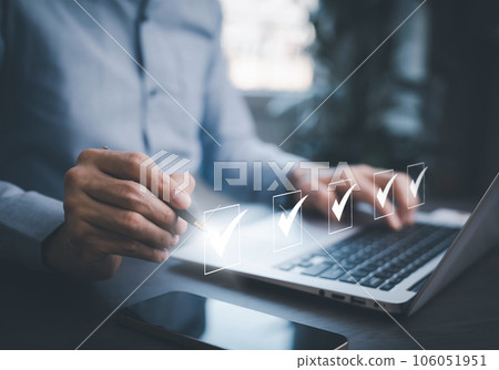 checklist and clipboard task documentation management, business people working laptop checklist questionnaire assessment form, online survey online exam Choosing the right answer in the exam 106051951