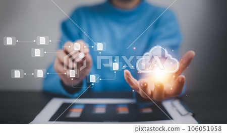 Business people using laptop with cloud computing system , Storage and data transfer Cloud network, Cloud technology. Networking and internet service, sharing download and upload and internet service 106051958