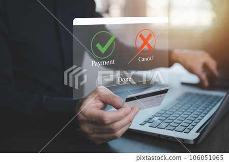 Laptop with Online payment ,Hand touch banking online bill payment Approved concept button, credit card and network connection icon on business technology virtual screen background Laptop with Online payment ,Hand touch banking online bill payment Approved concept button, credit card and network connection icon on business technology virtual screen background 106051965
