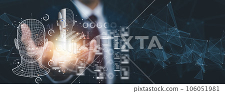 Programmer people working and touch virtual screen AI, artificial intelligence software engineer coding on laptop computers with technology icons and binary code, big data, coding Ai robot digital 106051981