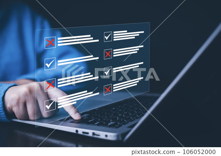 checklist and clipboard task documentation management, business people working laptop checklist questionnaire assessment form, online survey online exam Choosing the right answer in the exam checklist and clipboard task documentation management, business people working laptop checklist questionnaire assessment form, online survey online exam Choosing the right answer in the exam 106052000